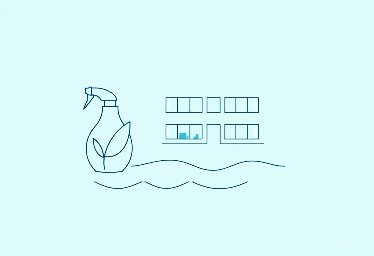 Illustration de nettoyage de bureau écologique par Camer Clean, utilisant des produits de nettoyage écologiques pour un service de nettoyage durable