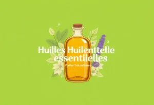 Illustration d'un flacon d'huile essentielle avec feuilles d'eucalyptus et fleurs de lavande